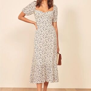 Reformation Hannah Dress In Mykonos - Cream and Blue Floral Midi Dress